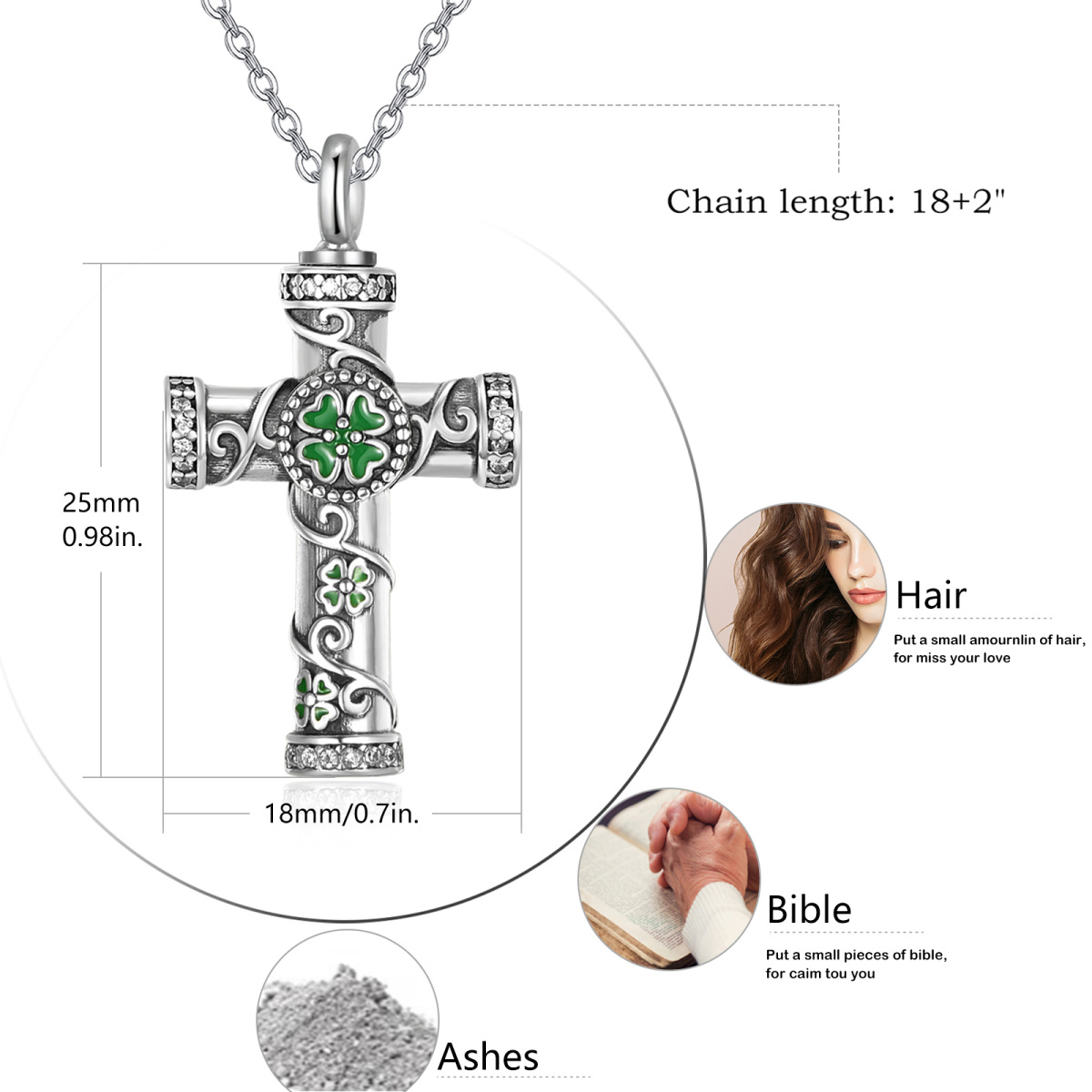 Sterling Silver Four Leaf Clover & Cross Urn Necklace for Ashes-6