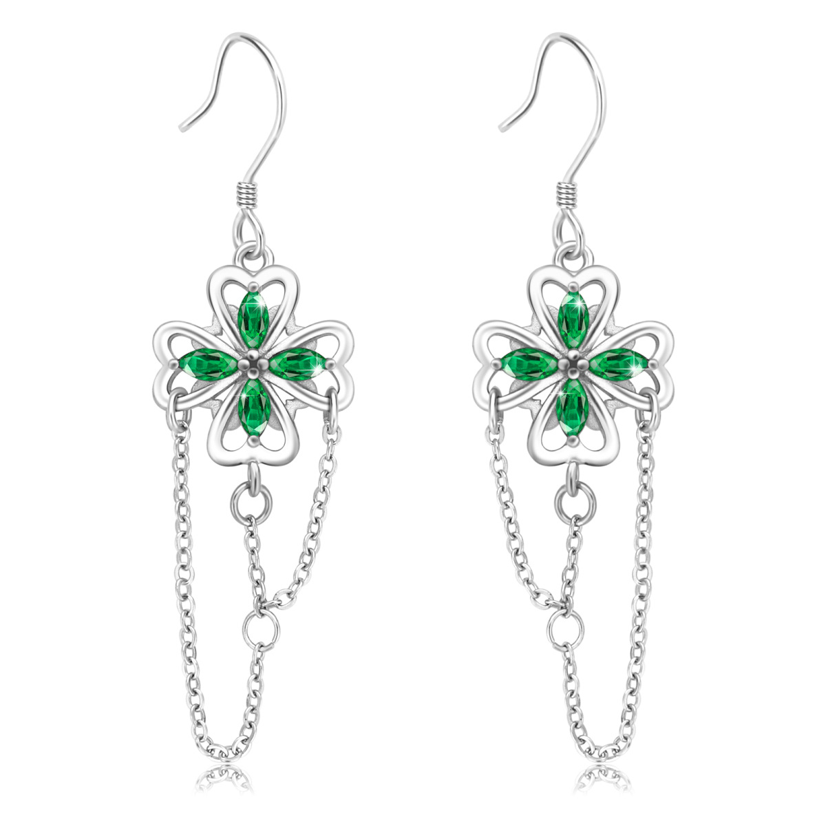 Sterling Silver Cubic Zirconia Four Leaf Clover Drop Earrings-1