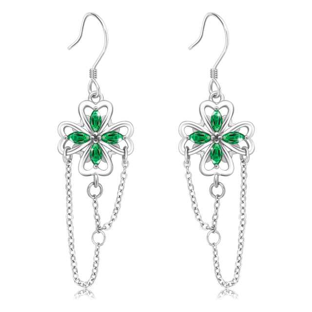 Sterling Silver Cubic Zirconia Four Leaf Clover Drop Earrings-1