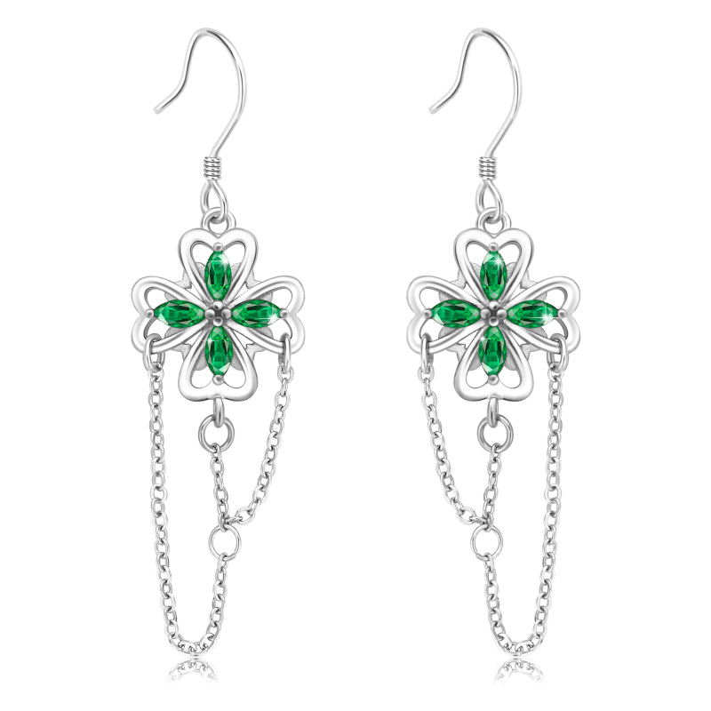 Sterling Silver Cubic Zirconia Four Leaf Clover Drop Earrings