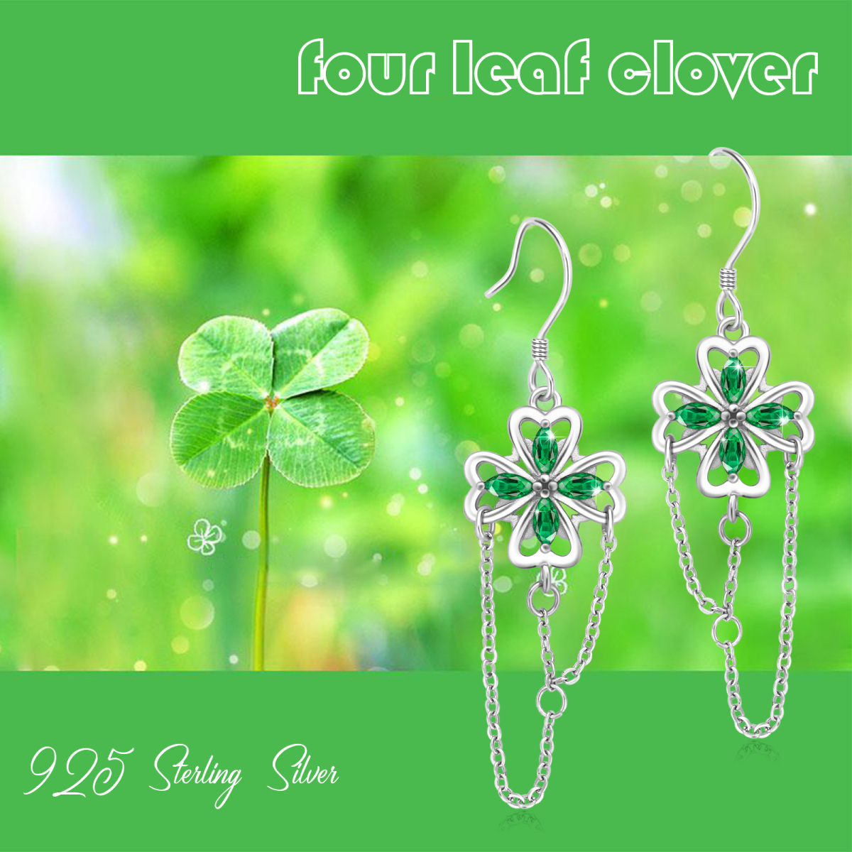 Sterling Silver Cubic Zirconia Four Leaf Clover Drop Earrings-5