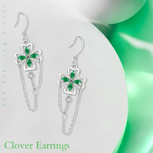 Sterling Silver Cubic Zirconia Four Leaf Clover Drop Earrings-6