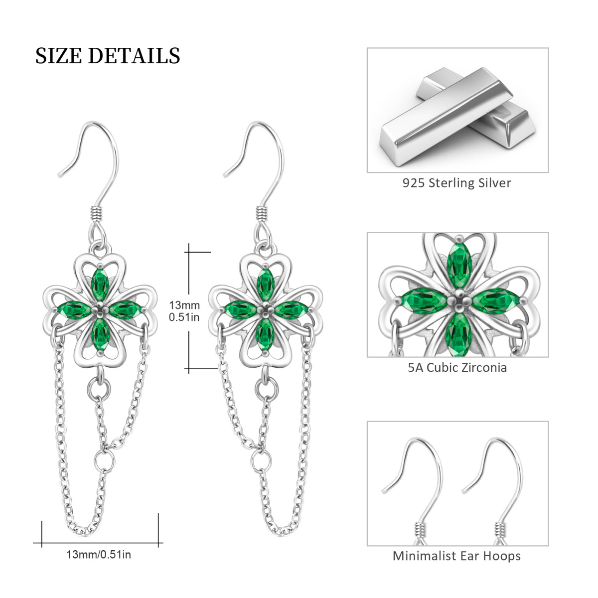 Boucles d'oreilles pendantes en argent sterling avec zircon cubique et trèfle à quatre feu-7