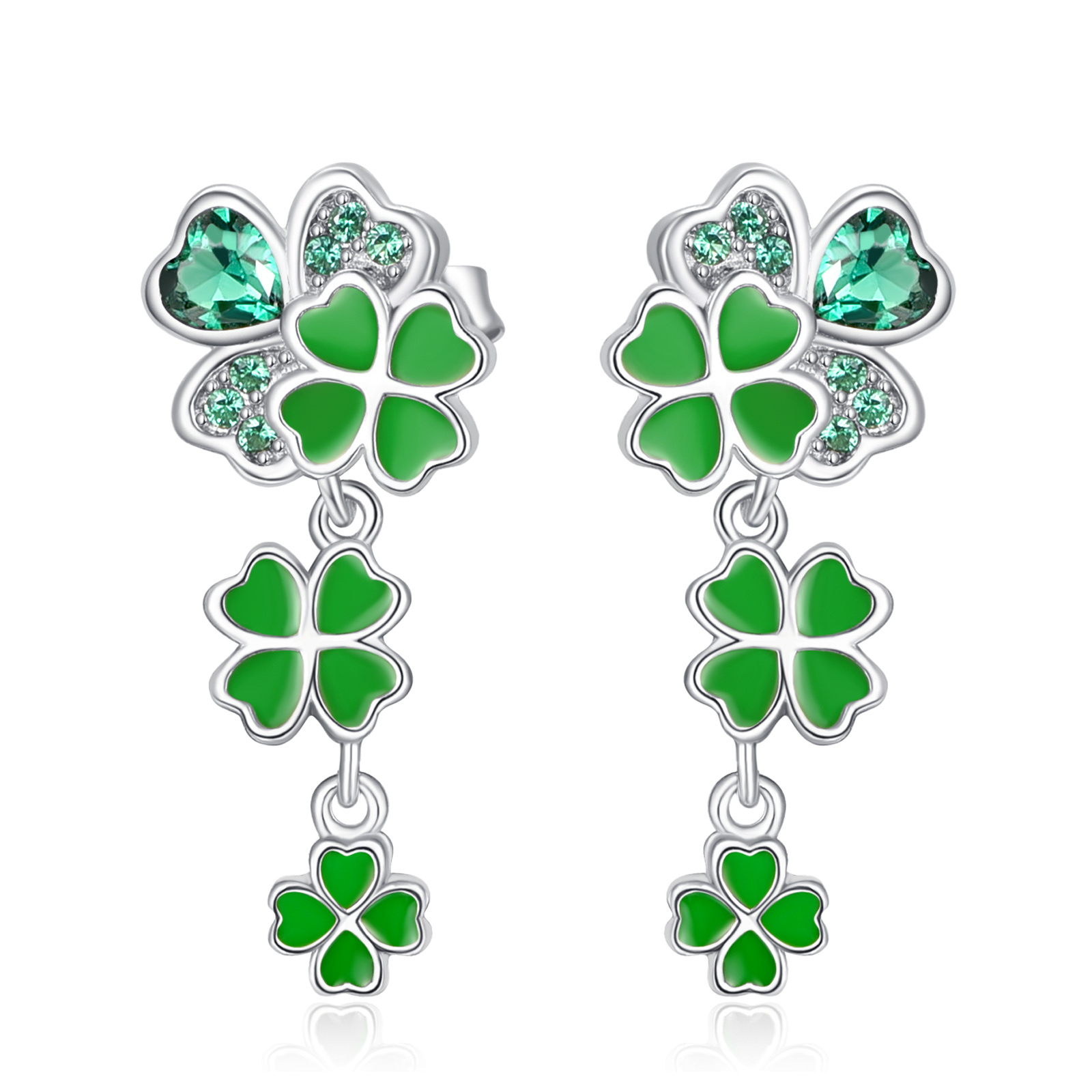 Sterling Silver Cubic Zirconia Four Leaf Clover Drop Earrings