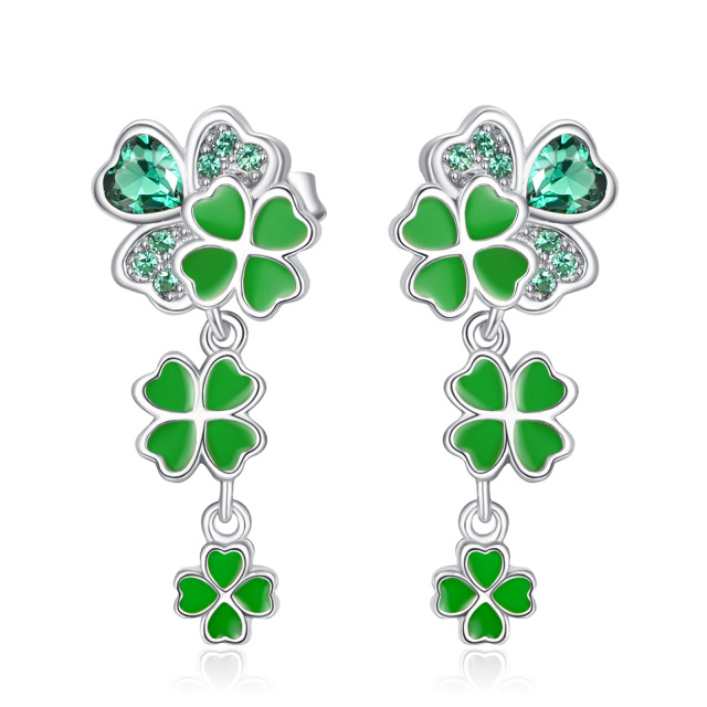 Sterling Silver Cubic Zirconia Four Leaf Clover Drop Earrings-1