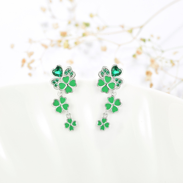 Sterling Silver Cubic Zirconia Four Leaf Clover Drop Earrings-4