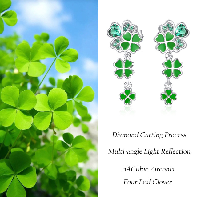 Sterling Silver Cubic Zirconia Four Leaf Clover Drop Earrings-5