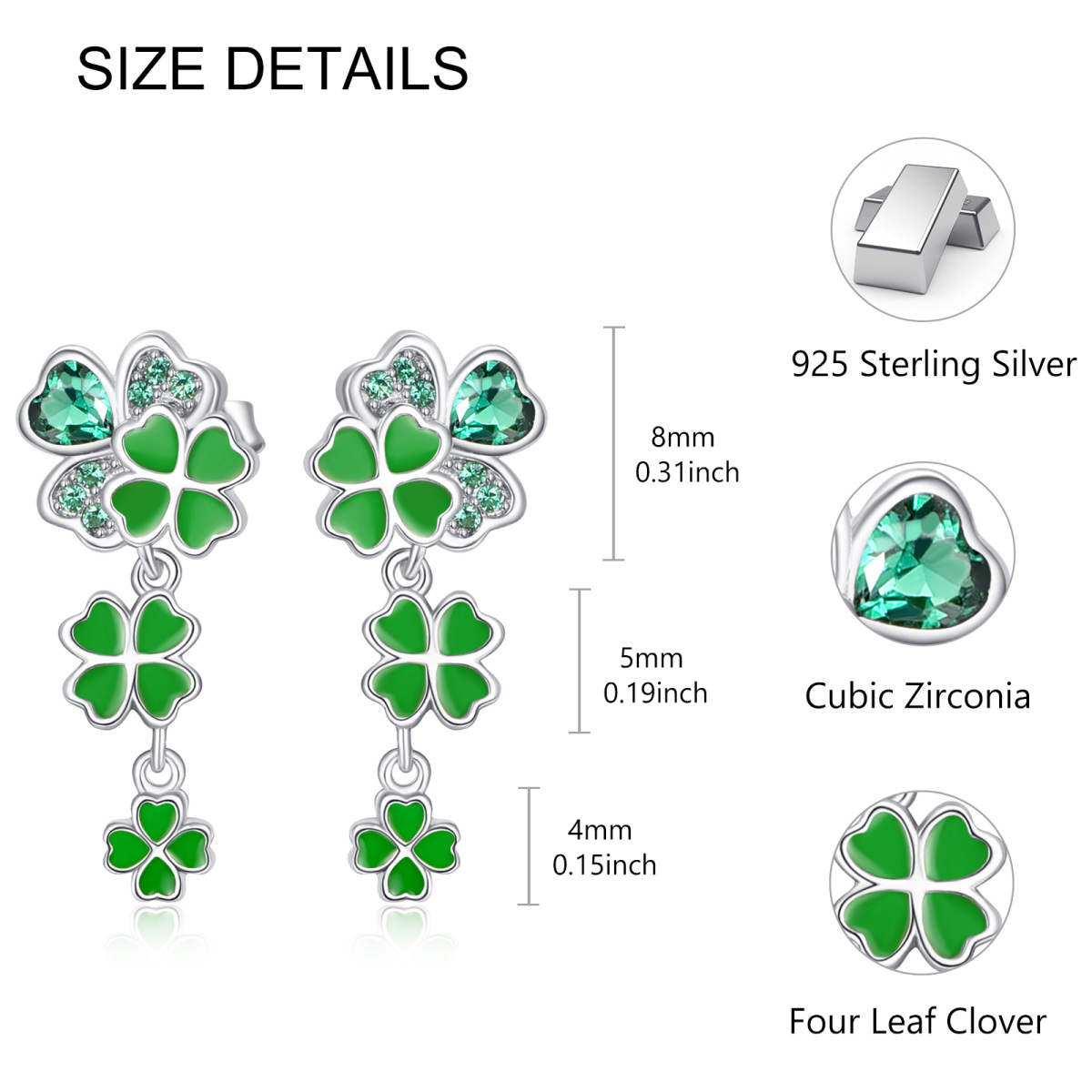 Sterling Silver Cubic Zirconia Four Leaf Clover Drop Earrings-6