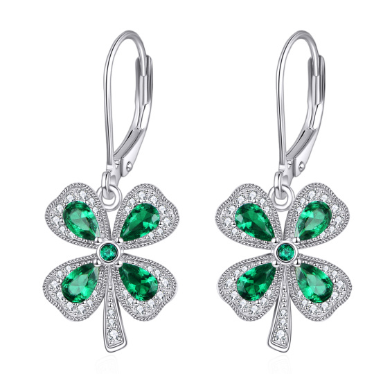 Sterling Silver Cubic Zirconia Four Leaf Clover Drop Earrings