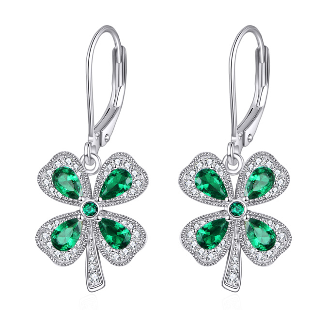 Sterling Silver Cubic Zirconia Four Leaf Clover Drop Earrings-1