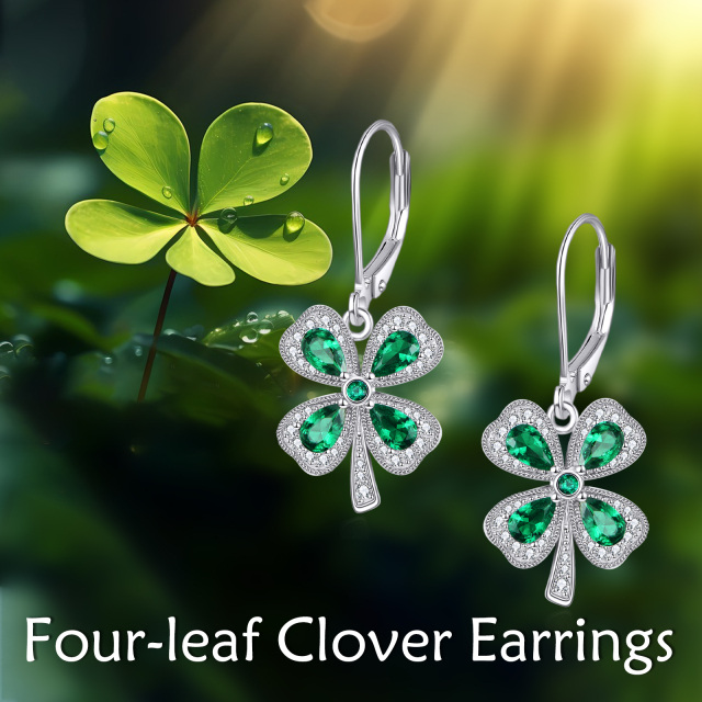 Sterling Silver Cubic Zirconia Four Leaf Clover Drop Earrings-5