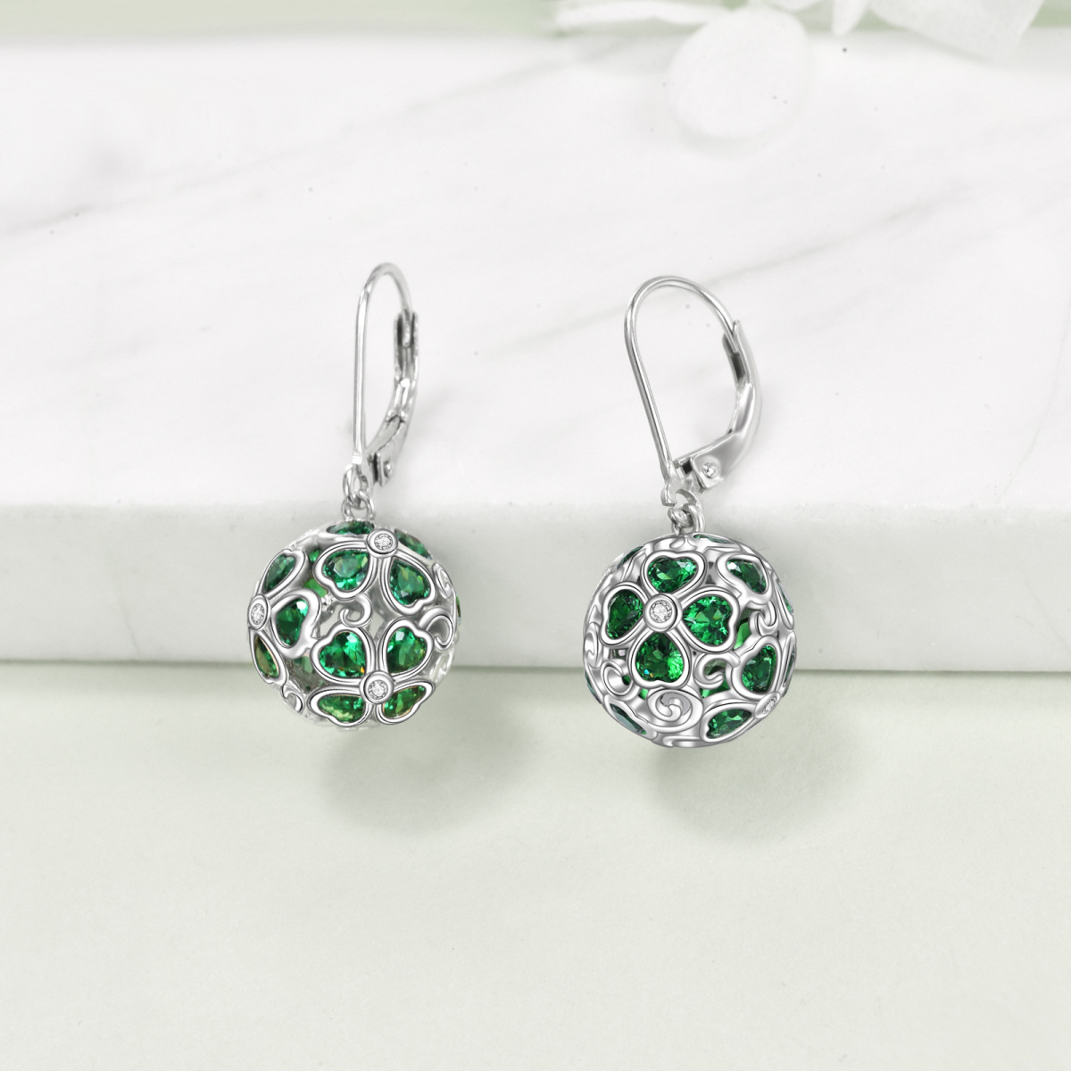 Boucles d'oreilles pendantes en argent sterling avec zircon cubique et trèfle à quatre feu-3