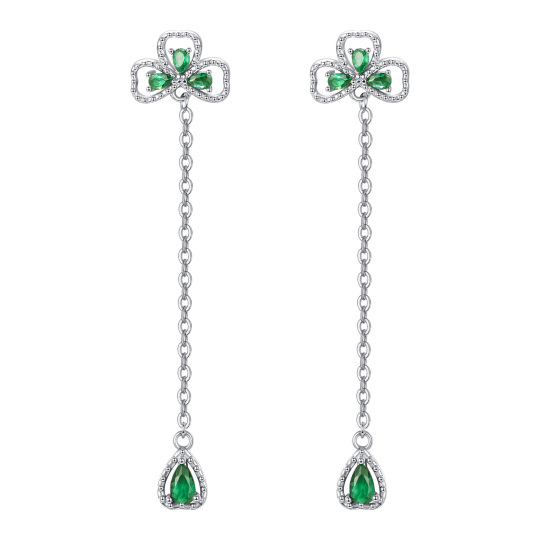 Sterling Silver Cubic Zirconia Four Leaf Clover & Heart Drop Earrings-1