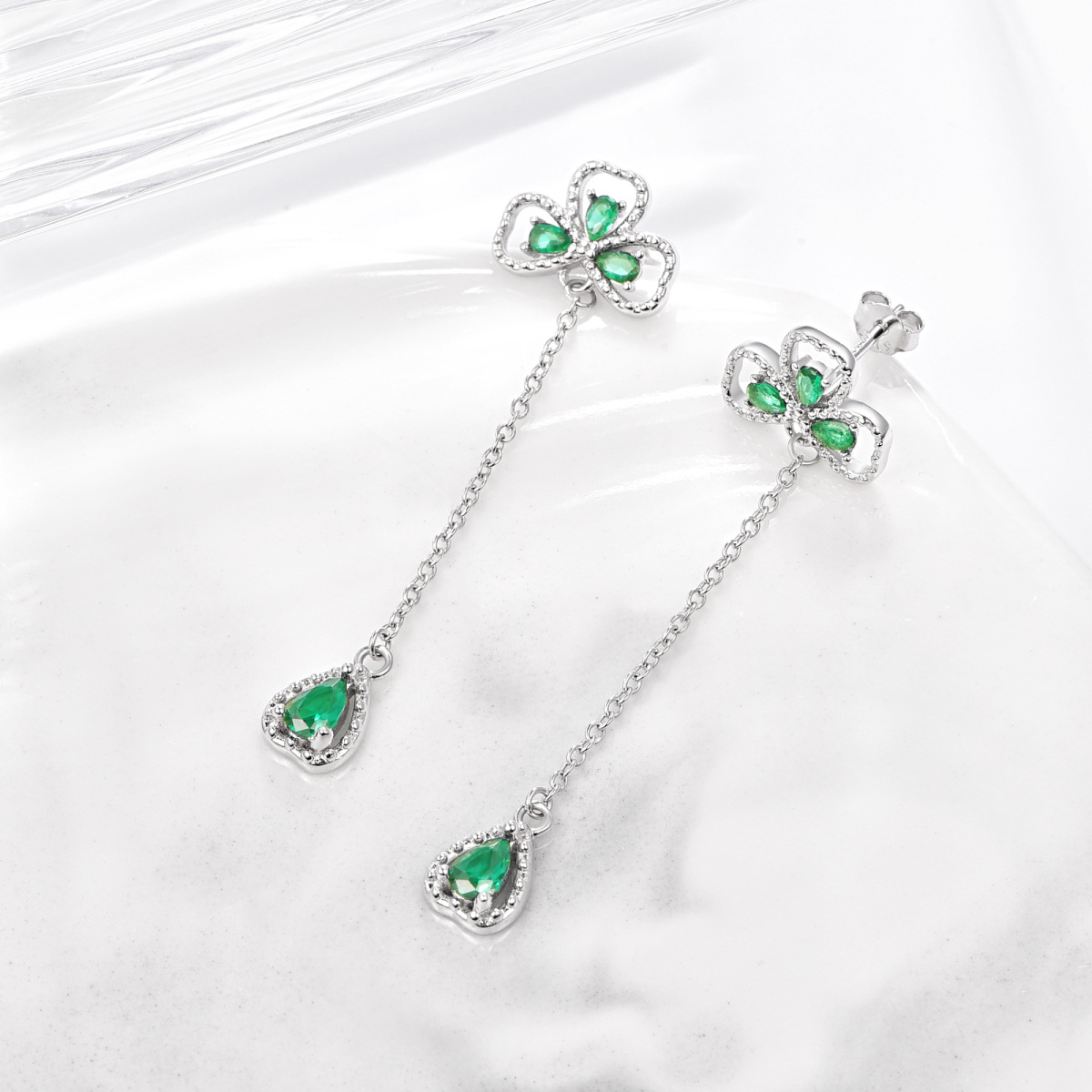 Sterling Silver Cubic Zirconia Four Leaf Clover & Heart Drop Earrings-4