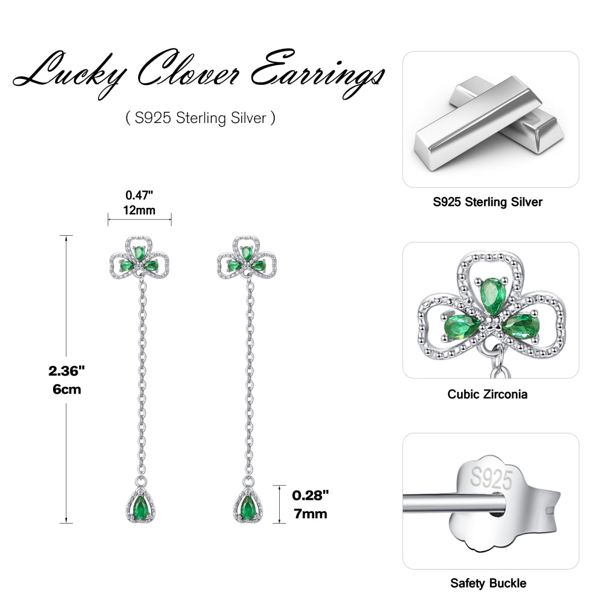 Sterling Silver Cubic Zirconia Four Leaf Clover & Heart Drop Earrings-6