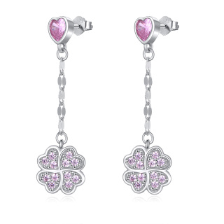 Sterling Silver Cubic Zirconia Four Leaf Clover & Heart Drop Earrings-1