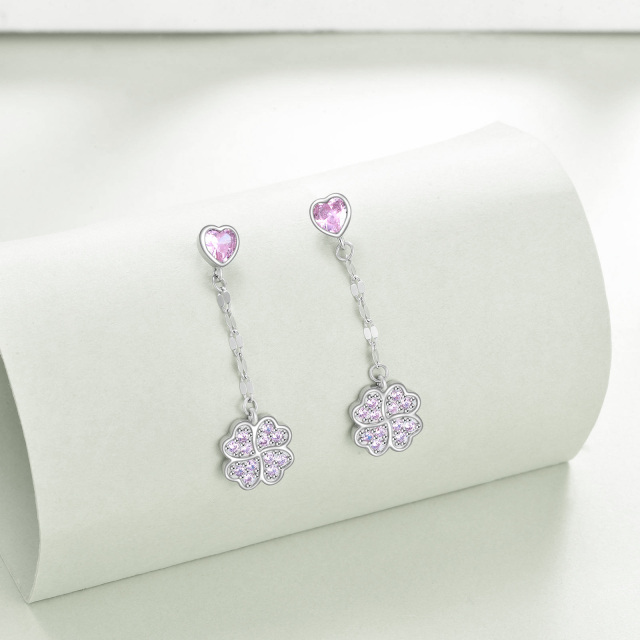 Sterling Silver Cubic Zirconia Four Leaf Clover & Heart Drop Earrings-4