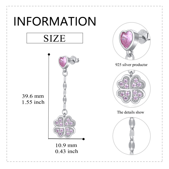 Sterling Silver Cubic Zirconia Four Leaf Clover & Heart Drop Earrings-5