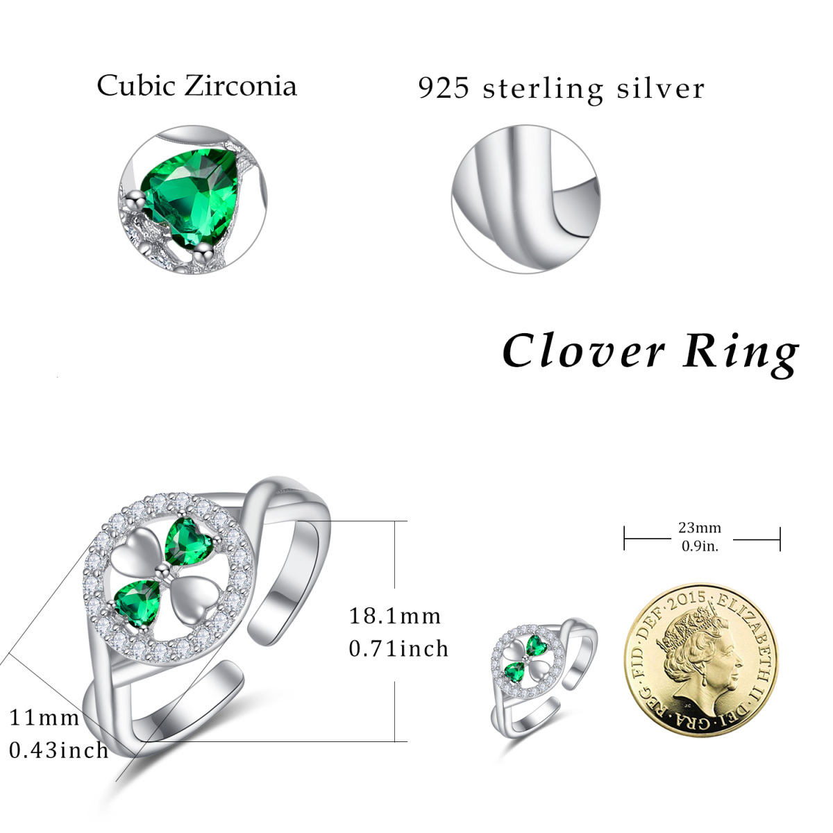 Sterling Silber kubischer Zirkonia vierblättriges Kleeblatt & Herz offener Ring-6