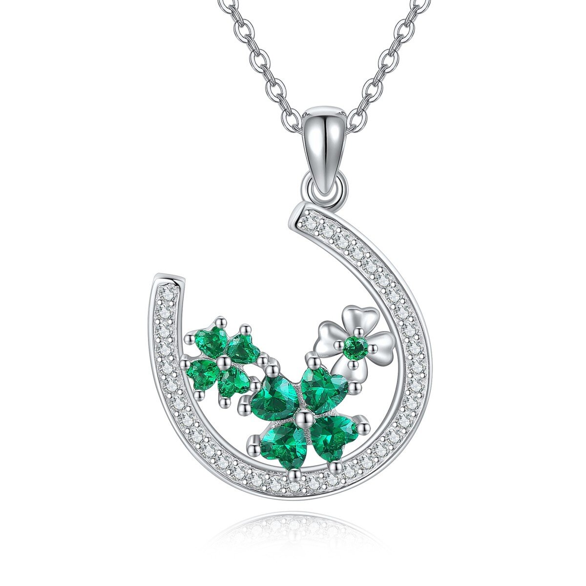 Sterling Silver Cubic Zirconia Four Leaf Clover & Horseshoe Pendant Necklace-1