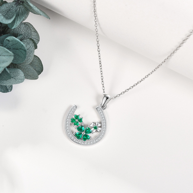 Collana con ciondolo a ferro di cavallo e quadrifoglio in argento sterling con zirconia cu-3