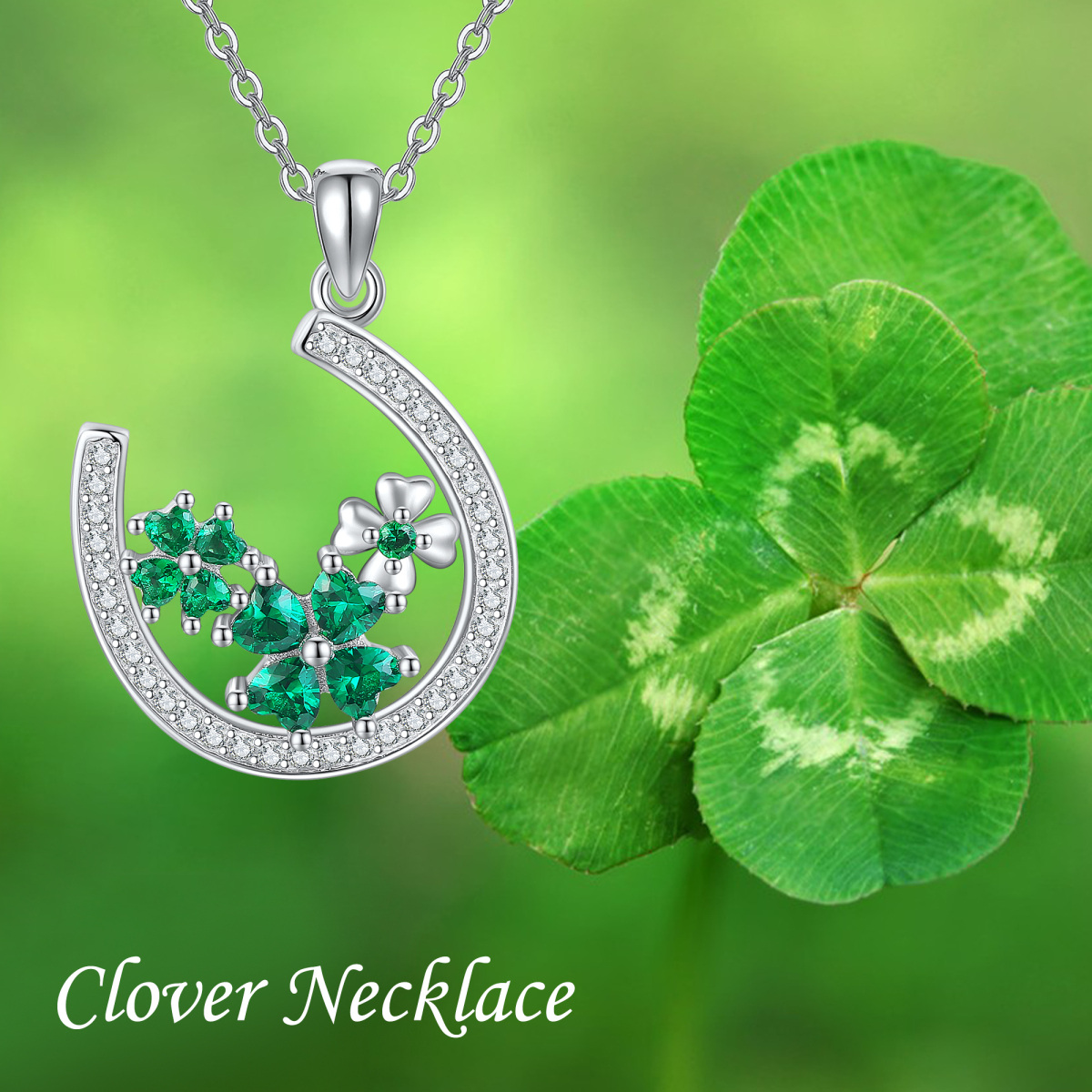 Sterling Silver Cubic Zirconia Four Leaf Clover & Horseshoe Pendant Necklace-3