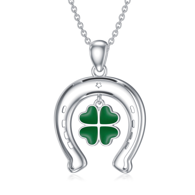 Sterling Silver Four Leaf Clover & Horseshoe Pendant Necklace-1