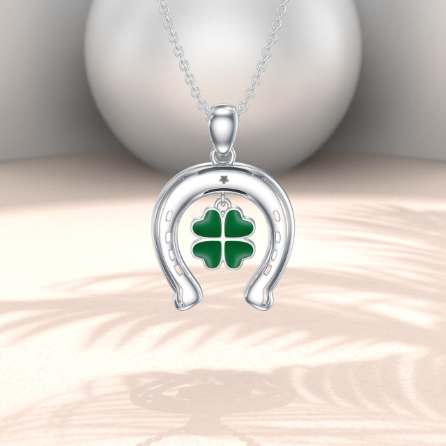 Sterling Silver Four Leaf Clover & Horseshoe Pendant Necklace-3