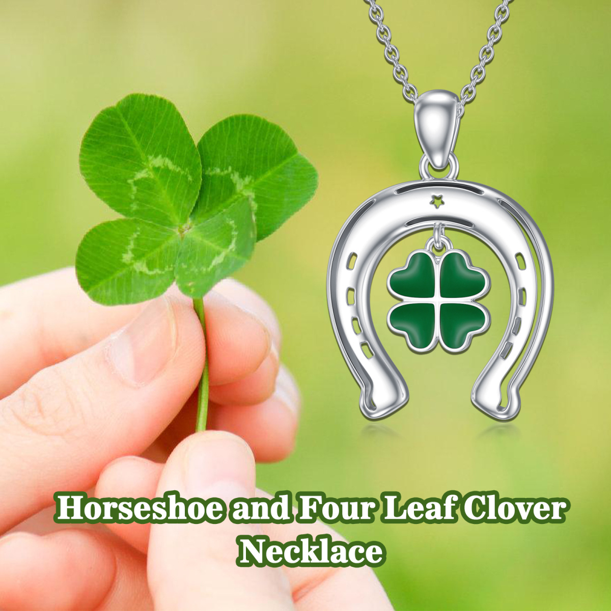 Sterling Silver Four Leaf Clover & Horseshoe Pendant Necklace-6