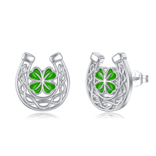 Boucles d'oreilles à tige en forme de fer à cheval en argent sterling avec trèfle à quatre feuilles