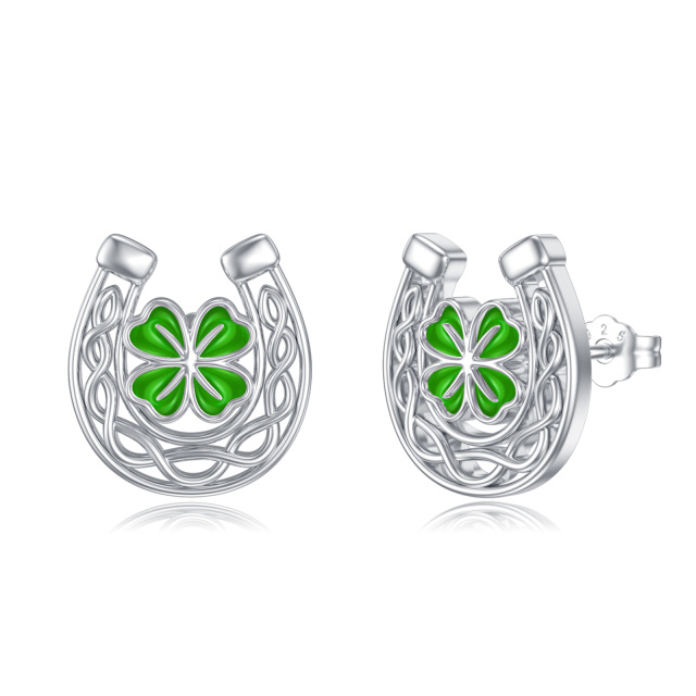 Boucles d'oreilles à tige en forme de fer à cheval en argent sterling avec trèfle à quatre feuilles-1