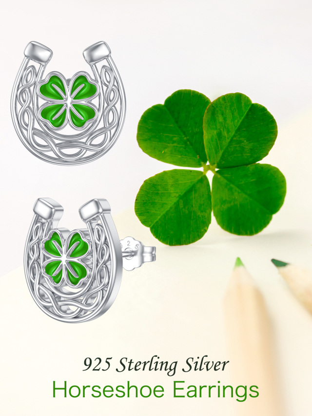 Sterling Silver Four Leaf Clover & Horseshoe Stud Earrings-5