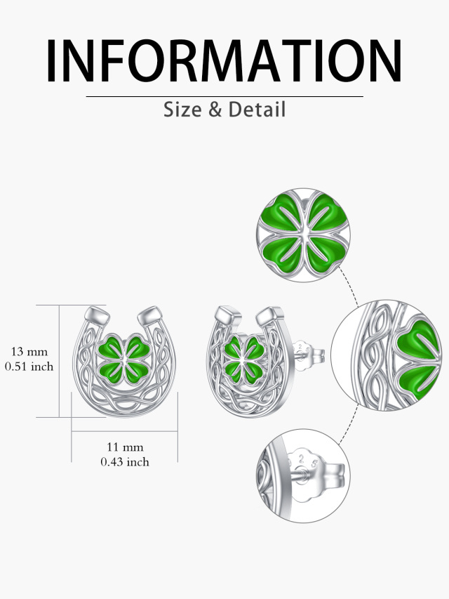 Pendientes de tuerca con forma de herradura de trébol de cuatro hojas de plata de ley-6