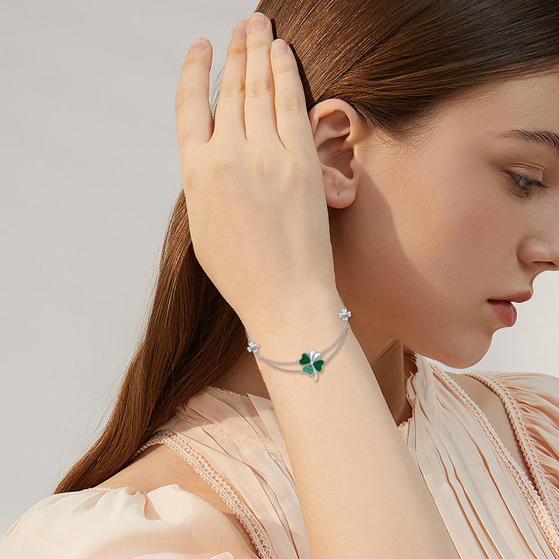 Sterling Silver Cubic Zirconia Four Leaf Clover Layerered Bracelet-2