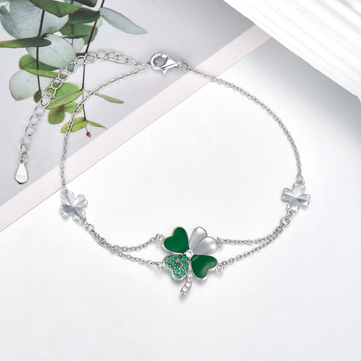 Sterling Silver Cubic Zirconia Four Leaf Clover Layerered Bracelet-4