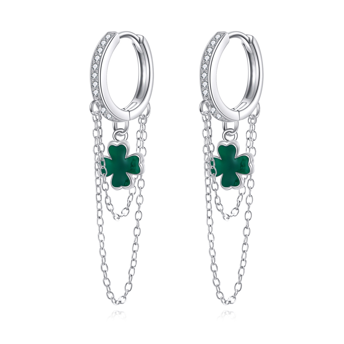 Sterling Silver Cubic Zirconia Four Leaf Clover Lever-back Earrings-1