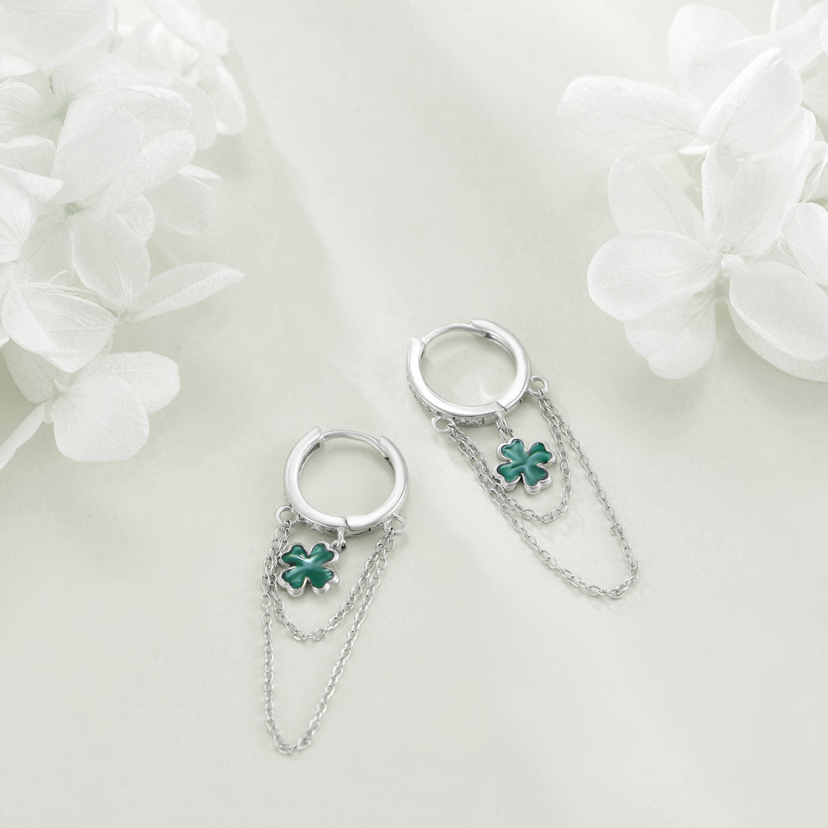 Boucles d'oreilles en argent sterling avec trèfle à quatre feuilles et zircon cubique-3