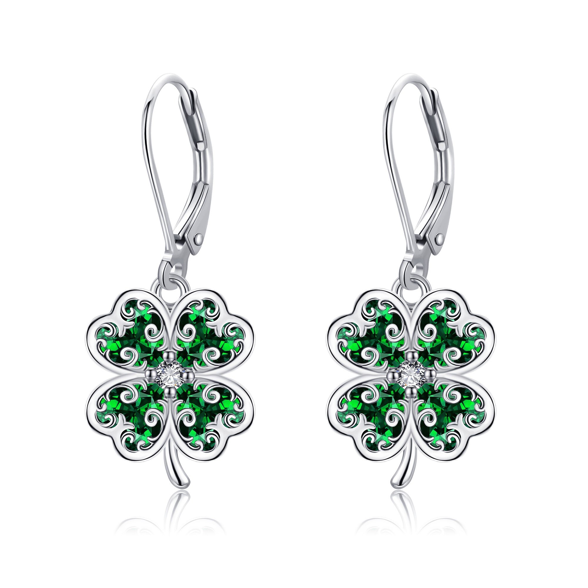 Sterling Silver Cubic Zirconia Four Leaf Clover Lever-back Earrings-1