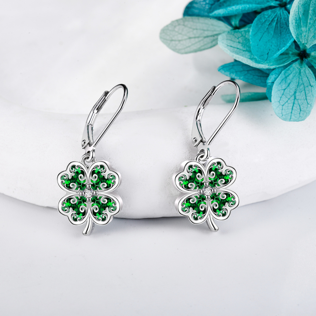 Sterling Silver Cubic Zirconia Four Leaf Clover Lever-back Earrings-3