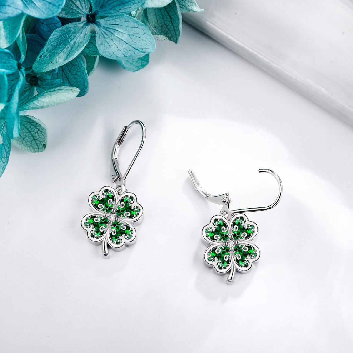 Sterling Silver Cubic Zirconia Four Leaf Clover Lever-back Earrings-4