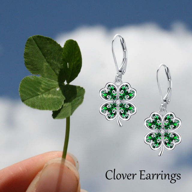 Sterling Silver Cubic Zirconia Four Leaf Clover Lever-back Earrings-5