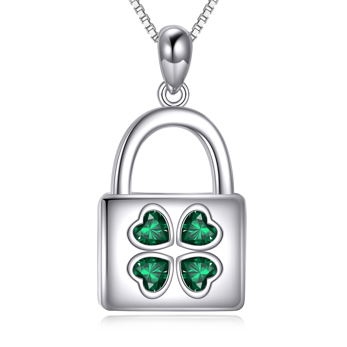 Sterling Silver Cubic Zirconia Four Leaf Clover & Lock Pendant Necklace-1