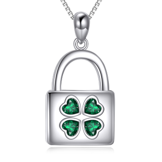 Sterling Silver Cubic Zirconia Four Leaf Clover & Lock Pendant Necklace-2