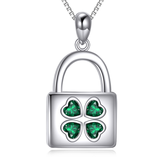 Sterling Silver Cubic Zirconia Four Leaf Clover & Lock Pendant Necklace