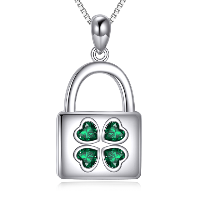 Collana con ciondolo a forma di quadrifoglio e serratura in argento sterling con zirconia-1