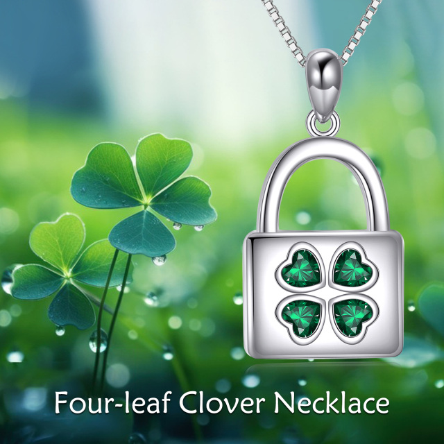 Sterling Silver Cubic Zirconia Four Leaf Clover & Lock Pendant Necklace-5