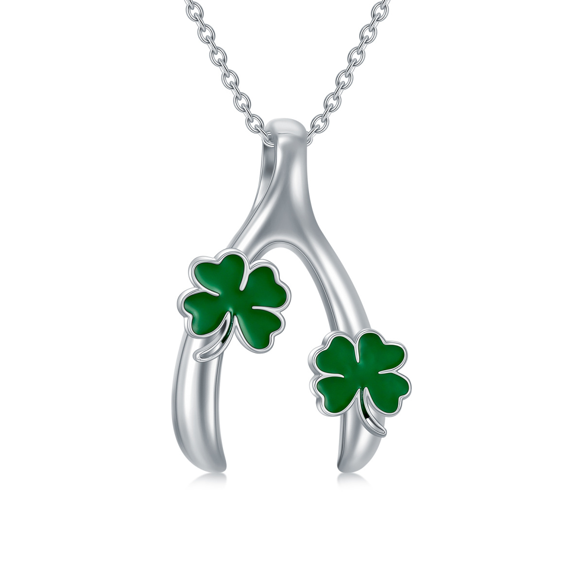 Sterling Silver Four Leaf Clover & Lucky Bone Pendant Necklace-1