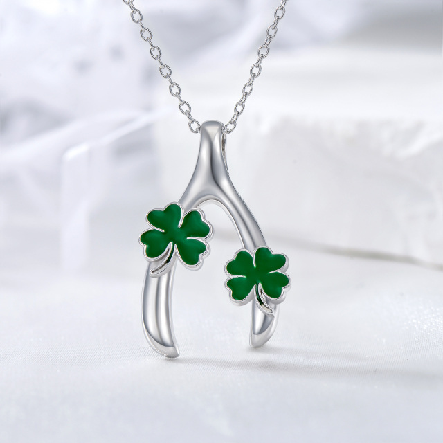 Sterling Silver Four Leaf Clover & Lucky Bone Pendant Necklace-3