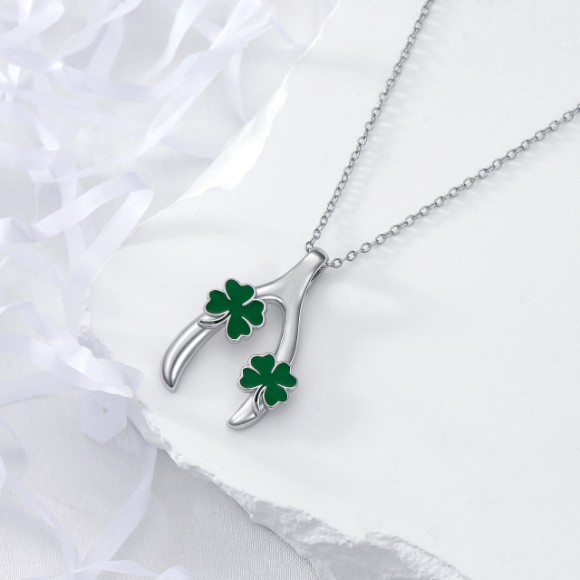 Sterling Silver Four Leaf Clover & Lucky Bone Pendant Necklace-4