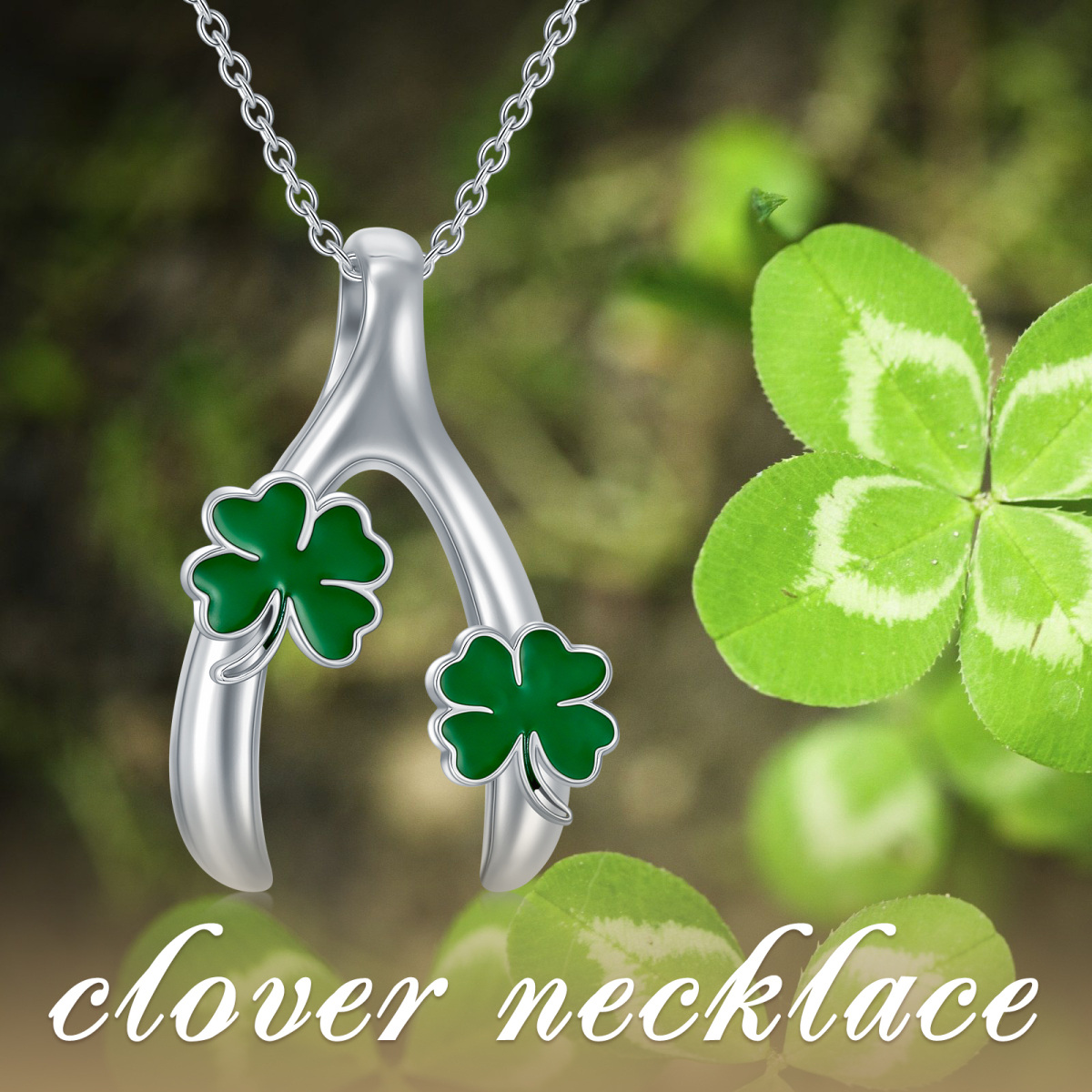 Sterling Silver Four Leaf Clover & Lucky Bone Pendant Necklace-6